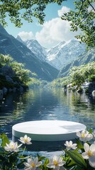 Serene lake surrounded by majestic mountains.