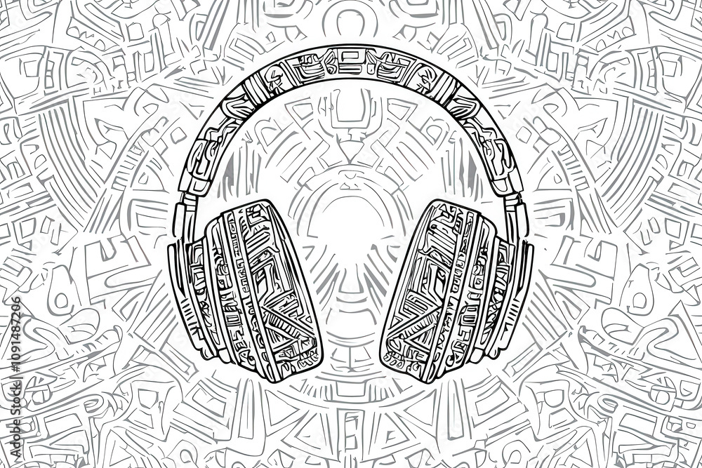 Poster a pair of stylized headphones is prominently displayed, adorned with intricate patterns against a co