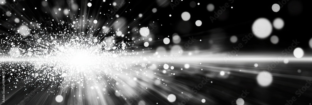 Poster bright dust spores flowing left, creating a cosmic light and depth spectacle