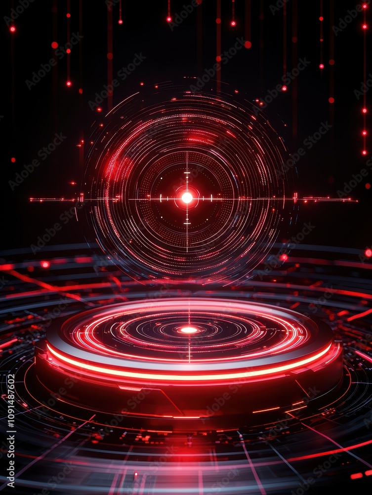 Poster a futuristic red holographic circle surrounded by luminous patterns, representing advanced technolog