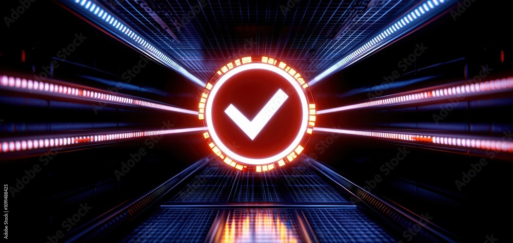 Poster check 3d minimalist concept. a modern, high-tech digital interface featuring a glowing check mark on