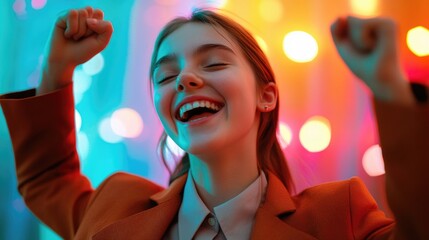 A woman rejoicing with her arms raised high, capturing a moment of pure happiness