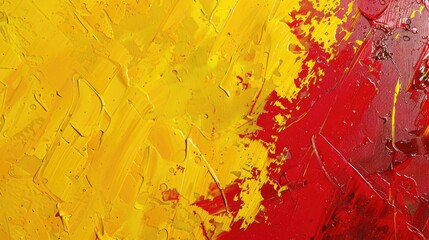 A close-up view of a vibrant red and yellow painting with intricate details