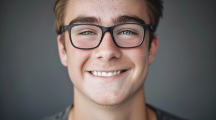 Fototapeta premium A young man wearing glasses smiles directly at the camera