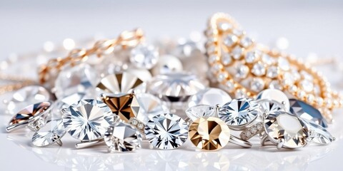 Assorted sparkling jewels on a sleek grey background, accessories, elegant