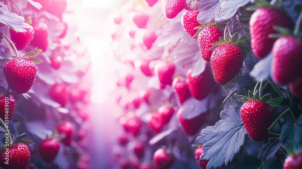 Poster lush strawberry plants laden with ripe, red fruit bask in the led light, creating a vibrant display 