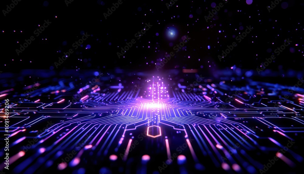 Poster a stunning, abstract representation of a digital circuit with glowing purple lines and particles, sy