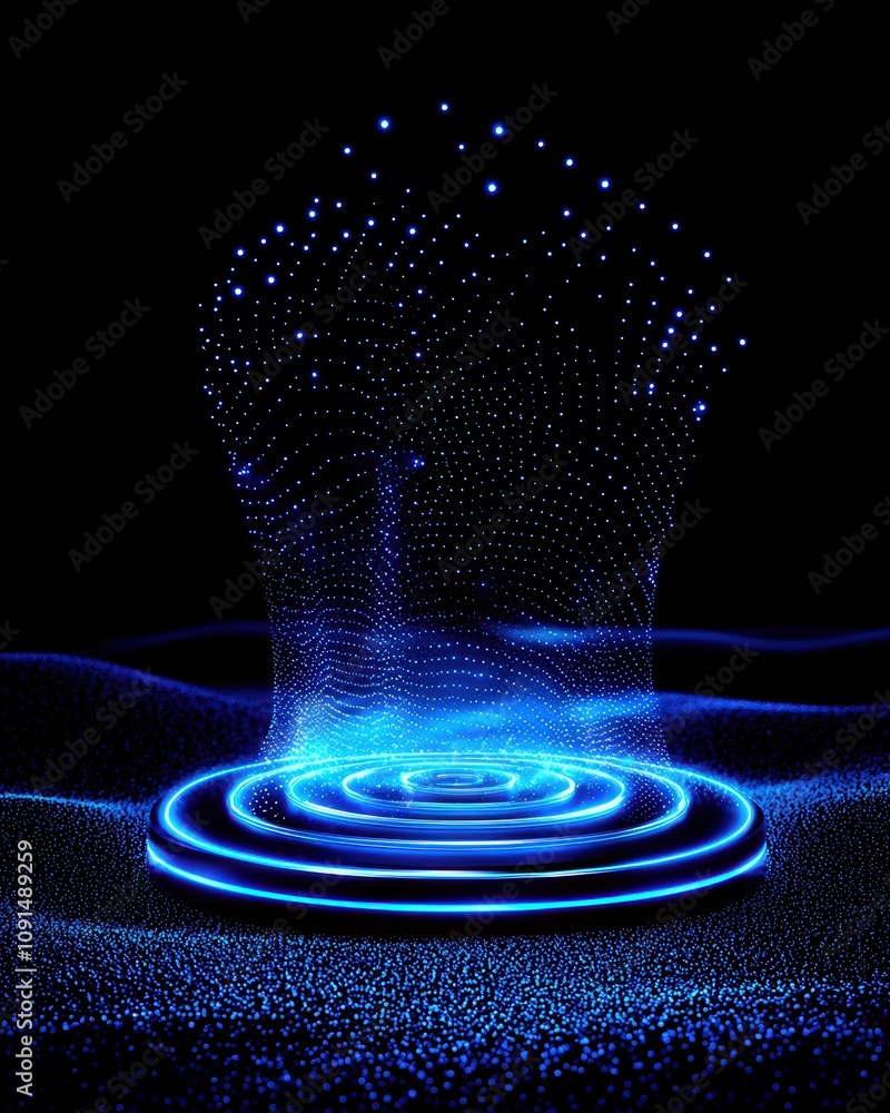 Poster a stunning visual representation of blue light waves forming patterns in a dark space. this digital 