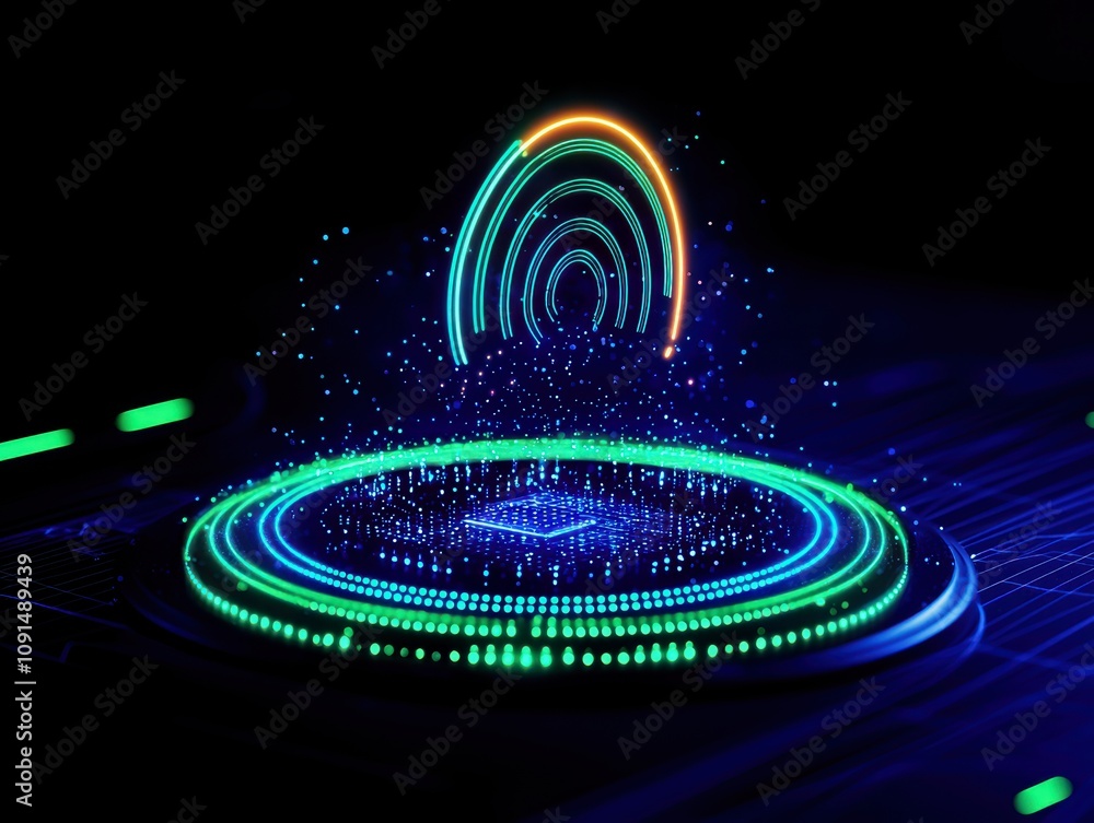 Poster a vibrant abstract representation of sound waves with glowing circular patterns, showcasing dynamic 