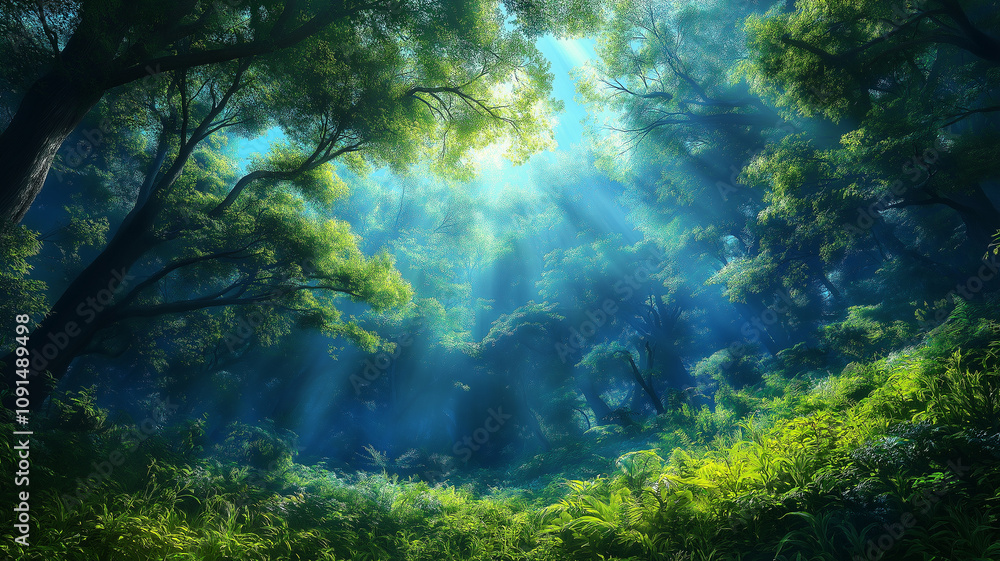 Poster serene forest scene with sunlight filtering through lush green trees, creating tranquil atmosphere