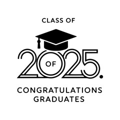 Graduate class of 2025 logo with diploma, laurel wreath and graduation cap vector on white background.