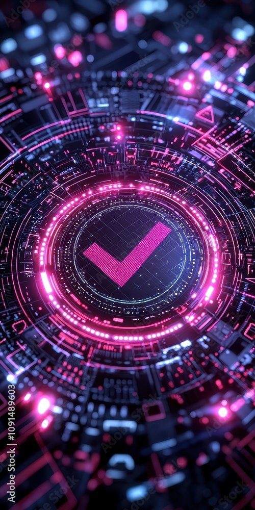 Poster check 3d minimalist concept. a vibrant digital abstract image featuring a glowing checkmark in a cir