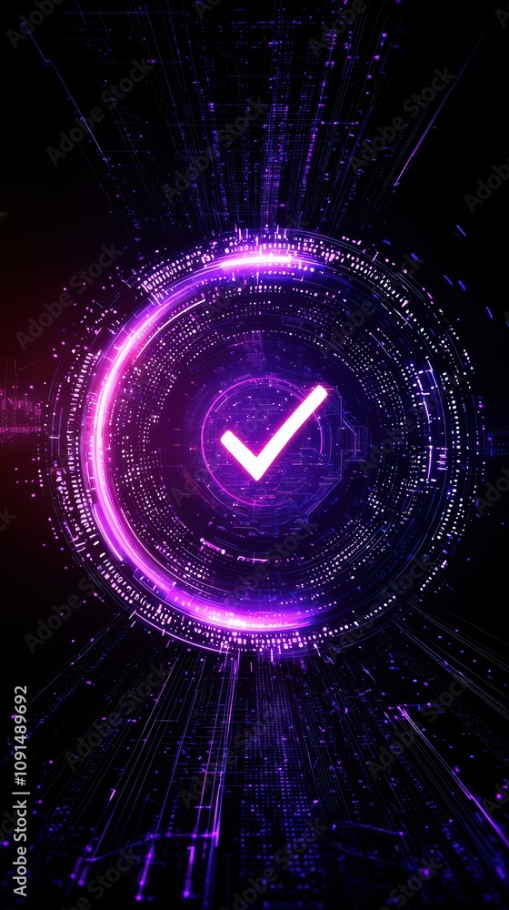 Poster check 3d minimalist concept. a vibrant digital composition featuring a glowing check mark within a c