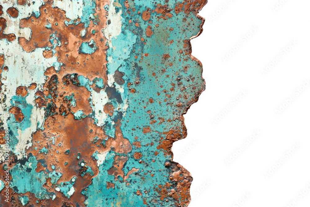 Poster a textured close-up of weathered metal with rust and teal paint, revealing intriguing patterns and c