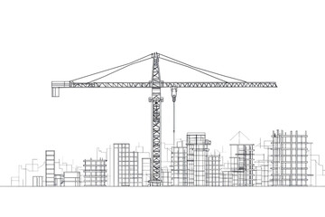 Obraz premium A construction crane towering over a series of building outlines, illustrating urban development and architectural progress.