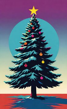 Stilisierter Weihnachtsbaum mit bunten Kugeln und goldenem Stern vor retrofarbigem Himmel wirkt modern lebendig und festlich ideal f&uuml;r Karten Poster Social Media und Designs Generative KI