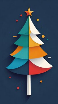 Moderner Weihnachtsbaum aus farbigen geometrischen Formen mit Stern und kleinen Dekoakzenten vor dunklem Hintergrund ideal f&uuml;r festliche Karten Poster und Designs Generative KI