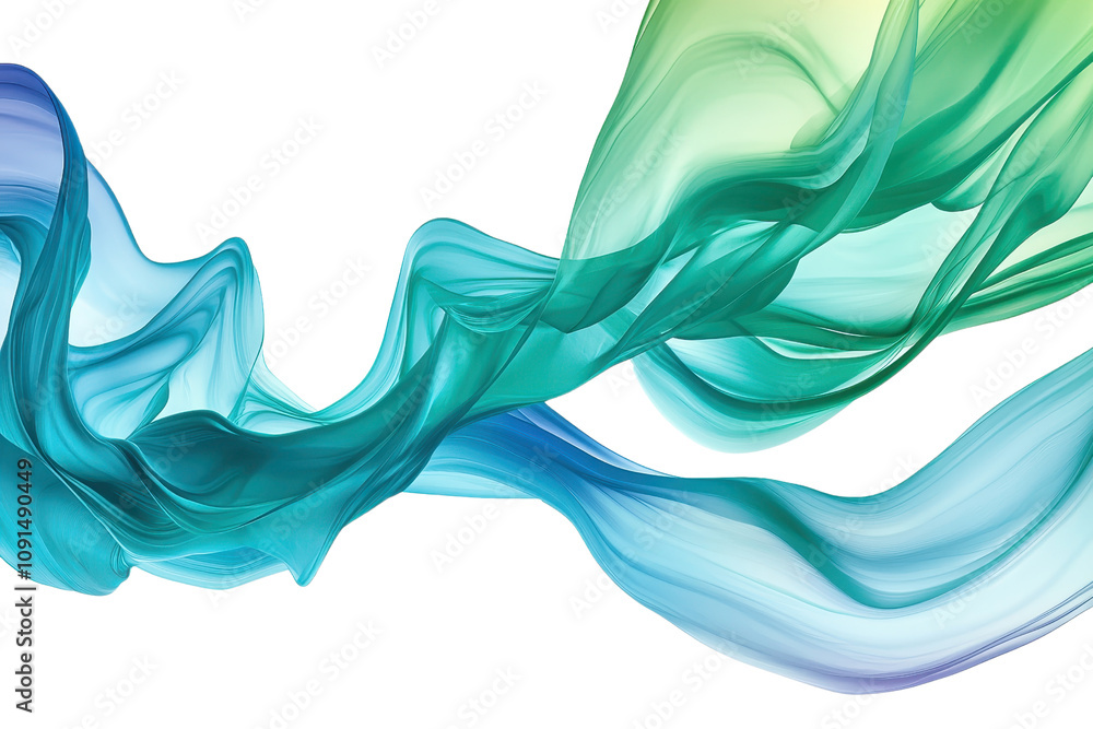 Poster a flowing abstract design featuring soft waves of teal and green against a transparent background, c