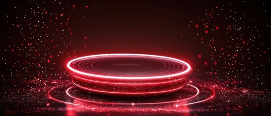 Obraz premium A vibrant, glowing circular platform set against a dark backdrop, surrounded by shimmering red particles. Ideal for showcasing products, events, or modern concepts in design.