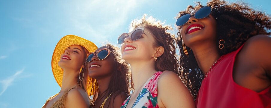 Four young women wearing sunglasses and smiling at summer festival