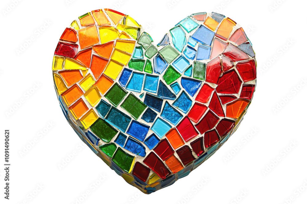 Poster a colorful mosaic heart composed of various vibrant tiles arranged in a beautiful pattern.