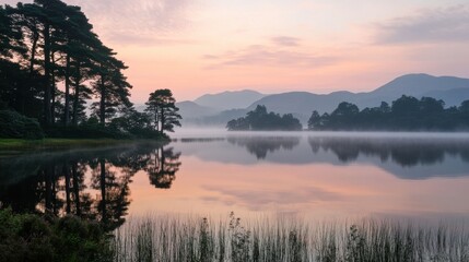Fototapeta premium Serene lake landscape at dawn with mist and reflections of trees and mountains.