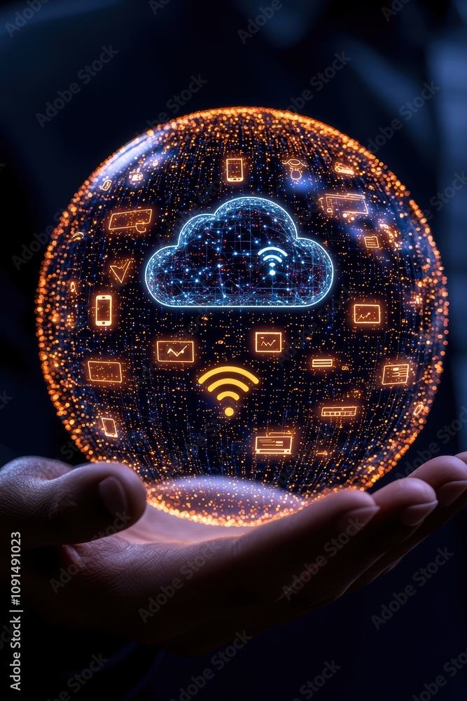 Poster an illuminated hand holds a crystal globe featuring cloud computing symbols and digital connections,