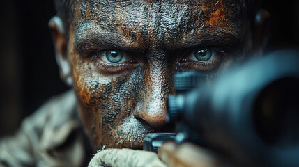 Concentrated sniper with camo-painted face aiming through a scope