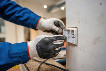 Manos con guantes de un electricista arreglando un enchufe. Generado con IA