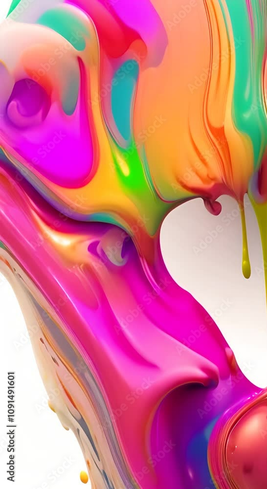 Poster Colored paint dripping isolated on white background 3d rendering Various rainbow colors pastel Fluid liquid abstract background colorful effect moving 4K vertical
