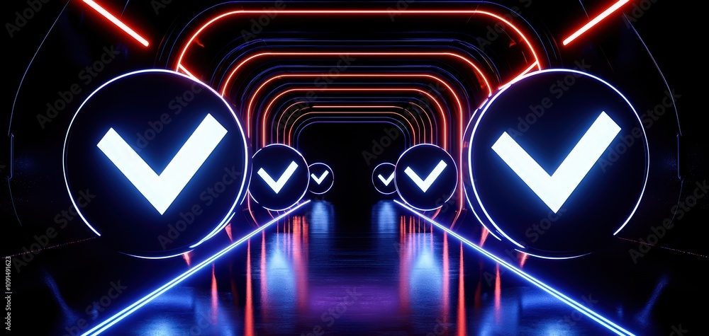Poster Check 3D minimalist concept. This image features a futuristic corridor illuminated with vibrant neon lights. The glowing checkmarks highlight a sense of progress and innovation
