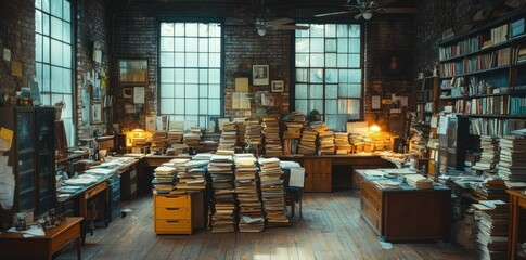 A cluttered antique office filled with stacks of books and papers