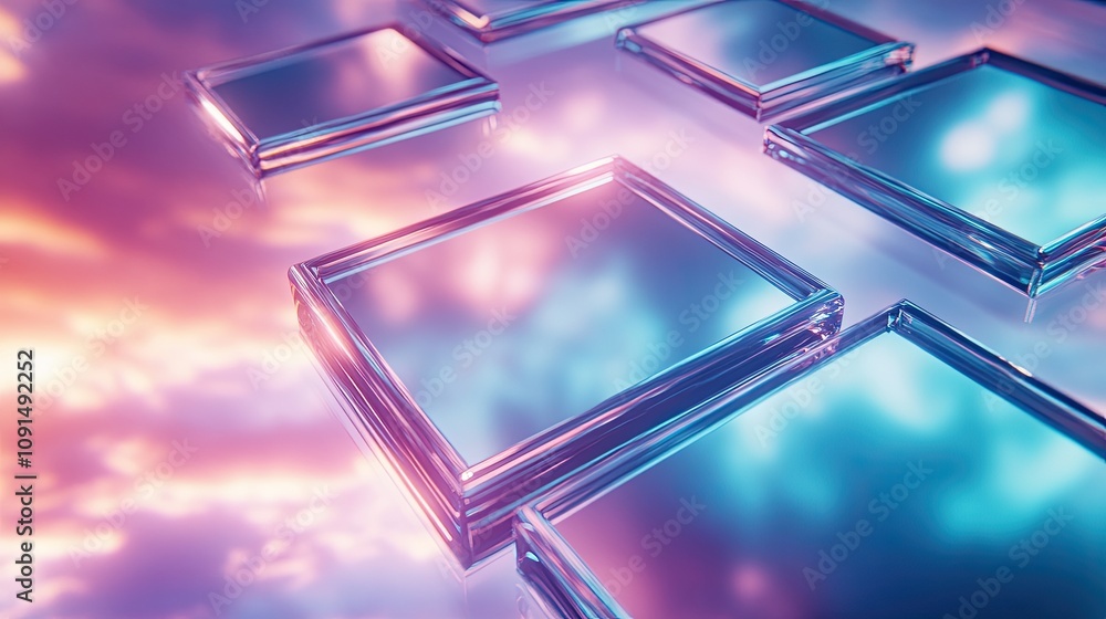 Aufkleber floating mirrors create glowing portals revealing surreal alternate dimensions in vibrant hues