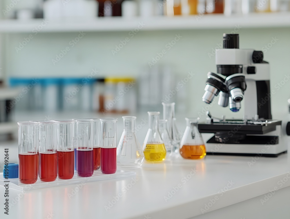 Poster laboratory equipment with test tubes and microscope setup