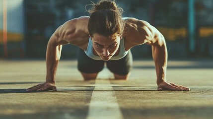 a woman doing push ups on a tennis court