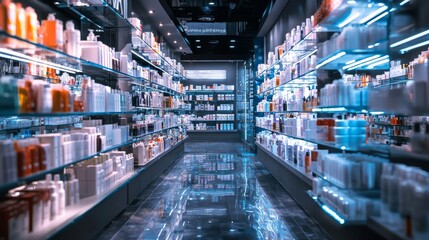 Modern Beauty Product Aisle with Neon Lighting