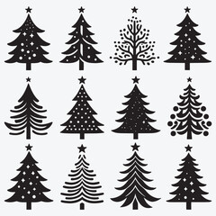 Obraz premium Christmas Tree Silhouette Collection Clip Art Vector illustration Isolated on White Background