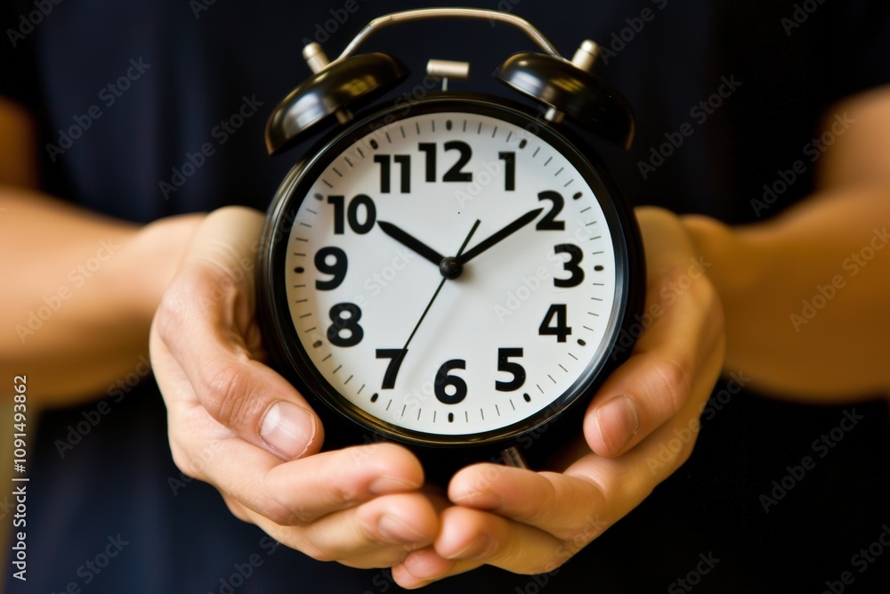 Poster a person holds an analog alarm clock, symbolizing the concept of time management and the importance 