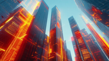 Obraz premium Futuristic cityscape with glowing skyscrapers and digital elements, showcasing vibrant urban environment. scene evokes sense of innovation and technology