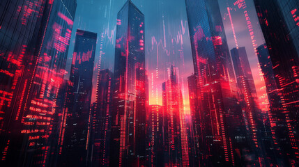 Obraz premium futuristic cityscape with skyscrapers illuminated by red digital data streams, creating vibrant and dynamic atmosphere