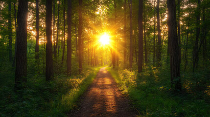 Obraz premium A path through a forest with a sun shining through the trees