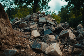 large pile of broken concrete and rocks in natural setting, surrounded by trees and greenery, showcasing rugged landscape