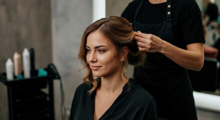 Naklejka premium Hair Stylist Creating Elegant Updo for Woman