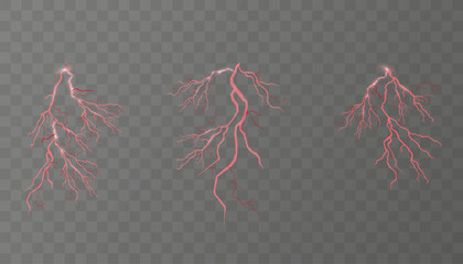 Set of lightnings. Thunder-storm and lightnings. Magic and bright lighting effects.Vector Illustration