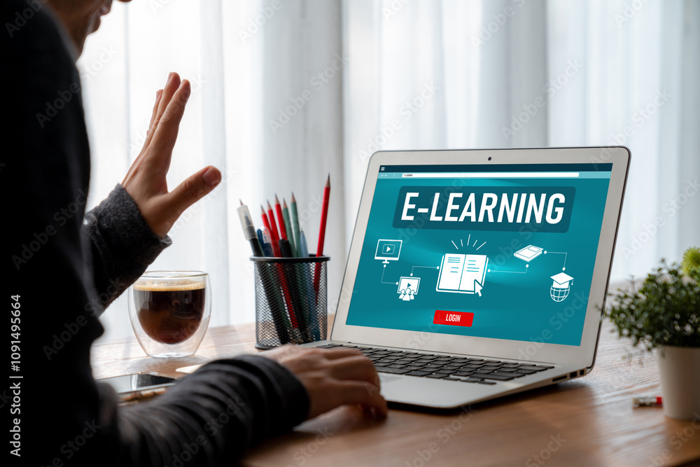Poster e-learning website with modish sofware for student to study online on the internet network