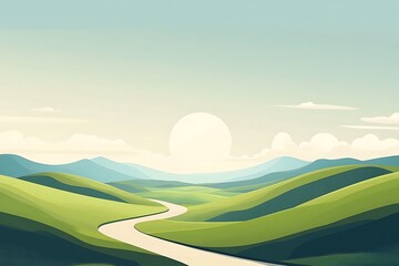Fototapeta premium Serene Winding Road Through Lush Green Hills Under a Sunny Sky