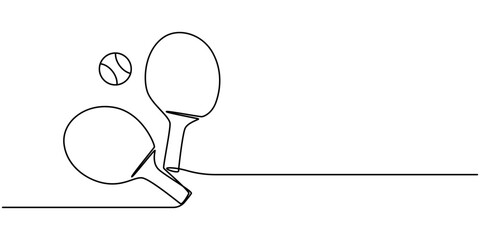 Table Tennis Continuous Line Illustration, Table Tennis Racket One Line Drawing: Continuous Hand Drawn Sport, Ping pong rackets one line art. Continuous line drawing of table tennis, sport, fitness.