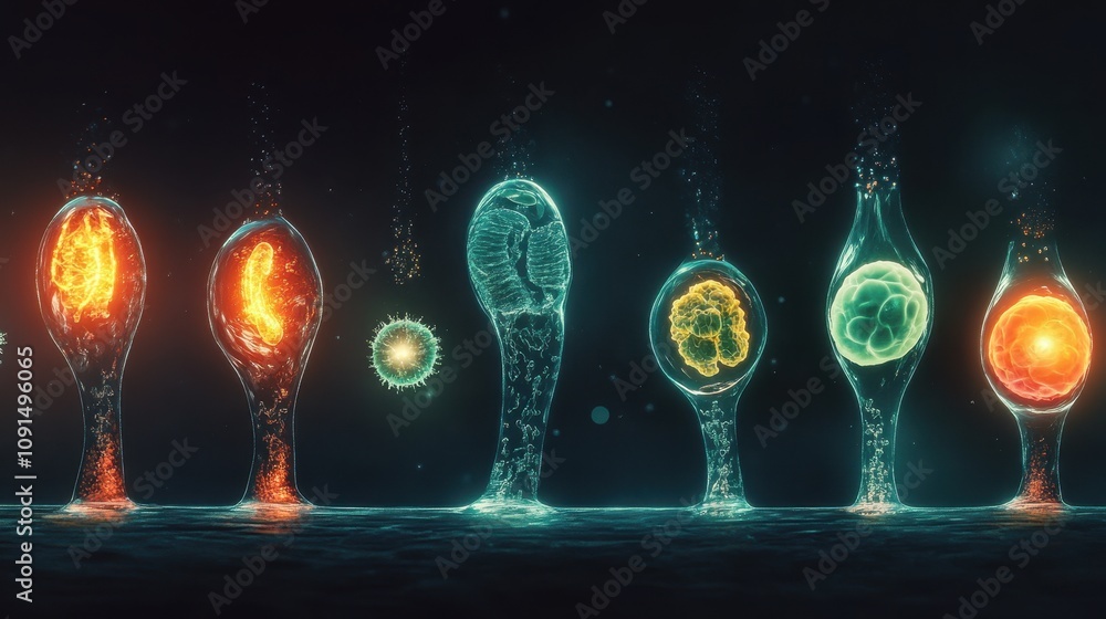 Poster abstract representation of cellular forms and biological structures in a digital environment.