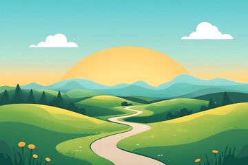 Obraz premium Serene sunrise landscape with winding road through rolling green hills and mountains.