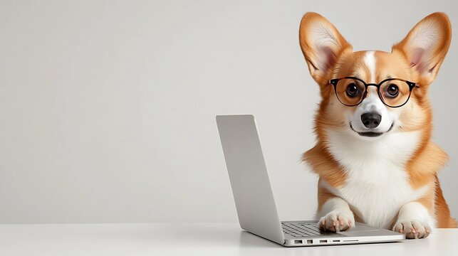 Charming Corgi Dog Wearing Glasses Sitting at Desk with Laptop, Representing the Concept of Remote Work, Technology and Pet Companionship in a Modern Workspace